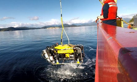 A remote-controlled submersible is lowered into the Finlayson Channel, British Columbia, Canada.