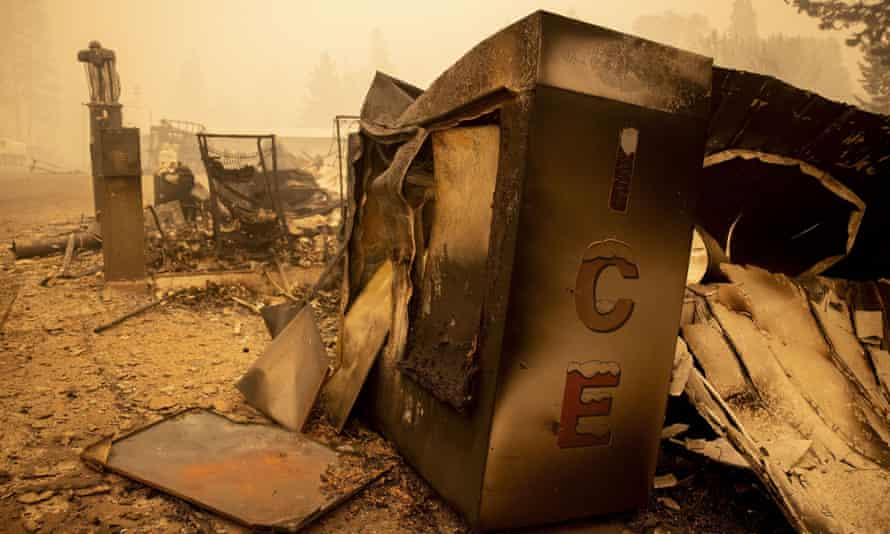 The burned-out remains of a gas station along Main Street in downtown Greenville.