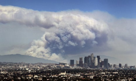Smoke from wildfires is seen behind the Los Angeles skyline, in a picture from 2016.