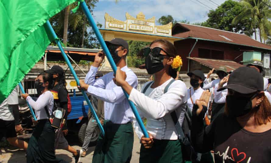 Teachers at a pro-democracy rally in April