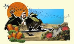 A composite image of a vampire, Australian native plants, bats and two figures in a kayak