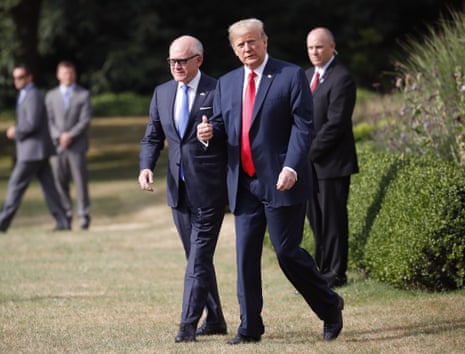Donald Trump with the ambassador to the UK, Woody Johnson, in July 2018. Johnson said he has ‘followed the rules and requirements of my office at all times’.