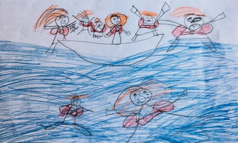 A drawing of a migrant ship by a child living in Moria refugee camp in Lesbos, Greece