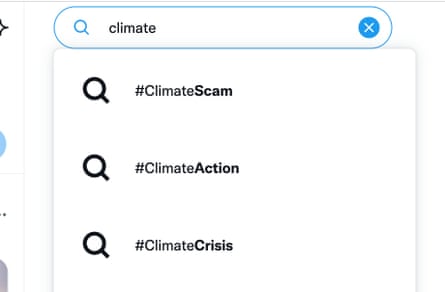 Twitter'da arama sonuçlarında çıkan #ClimateScam'in ekran görüntüsü