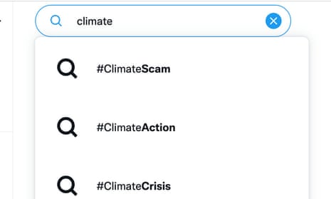 The term #ClimateScam now regularly the first result that appears on Twitter when ‘climate’ is searched on the site.