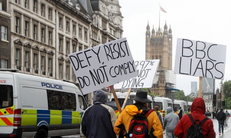Anti-vaccine protest in Westminster, London in June 2021. 
