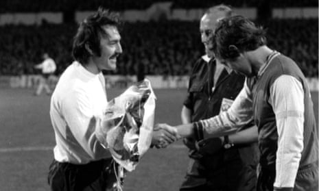 Tottenham’s Jimmy Greaves (left) with the Feyenoord captain at the start of the game, 17 October 1972.