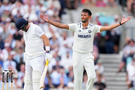 Prasidh Krishna celebrates the dismissal of England's Jamie Overton.