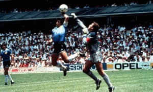 Diego Maradona scores past Peter Shilton by infamously nefarious means.