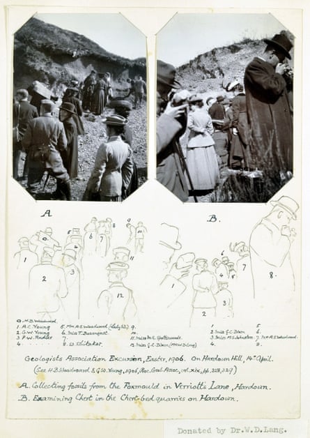 Members of the Geologists’ Association intent on examining the formations during a 1906 excursion to Hardown Hill, Lyme Regis. Page from album donated by Miss M.S. Johnston (seated, number 3).