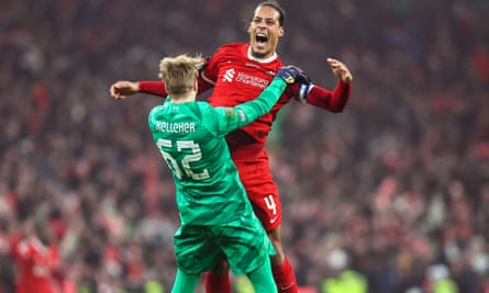 Caoimhín Kelleher celebrates Liverpool’s win in the Carabao Cup final with Virgil van Dijk.