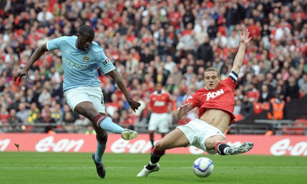 Yaya Touré could dominate big matches, such as here scoring against Manchester United and was a huge influence in their title wins.