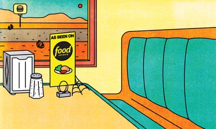 illustration of an empty diner table with a food network flyer with cobwebs on it