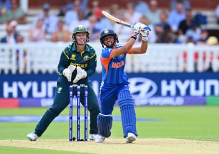 Harmanpreet Kaur, India’s captain, hits out, watched by Beth Mooney