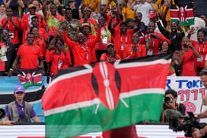 Kenya’s Emmanuel Wanyonyi greets supporters in the stands after winning the men’s 800m final.