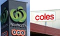 A combined image shows (left) signage at a Woolworths Supermarket in Melbourne, Wednesday, February 24, 2021 and (right) signage at a Coles supermarket in Sydney, Tuesday, February 19, 2019. (AAP Image/Luis Ascui, Joel Carrett) NO ARCHIVING