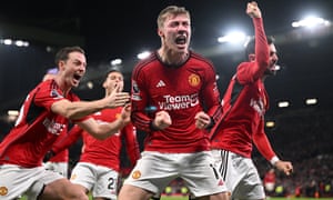 TOPSHOT-FBL-ENG-PR-MAN UTD-ASTON VILLA<br>TOPSHOT - Manchester United's Danish striker #11 Rasmus Hojlund (C) celebrates with teammates after scoring their third goal during the English Premier League football match between Manchester United and Aston Villa at Old Trafford in Manchester, north west England, on December 26, 2023. (Photo by Oli SCARFF / AFP) / RESTRICTED TO EDITORIAL USE. No use with unauthorized audio, video, data, fixture lists, club/league logos or 'live' services. Online in-match use limited to 120 images. An additional 40 images may be used in extra time. No video emulation. Social media in-match use limited to 120 images. An additional 40 images may be used in extra time. No use in betting publications, games or single club/league/player publications. / (Photo by OLI SCARFF/AFP via Getty Images)