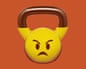 Angry face on a yellow kettlebell against an orange background