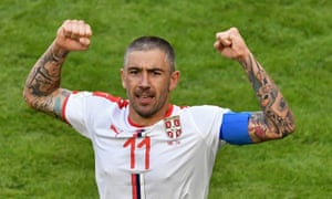 Aleksandar Kolarov celebrates his winner for Serbia in their opening Group E game against Costa Rica at the Samara Arena.