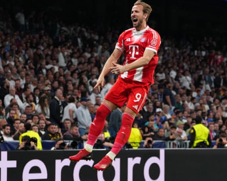 Harry Kane doubles Bayern Munich’s lead at Real Madrid within seconds of the start of the second half.