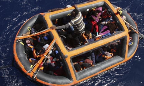 A float with rescued migrants during an operation in the Mediterranean Sea. 