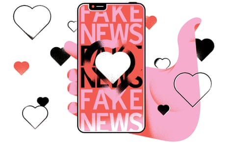 Illustration of hand holding phone with hearts around it and Fake News written on it