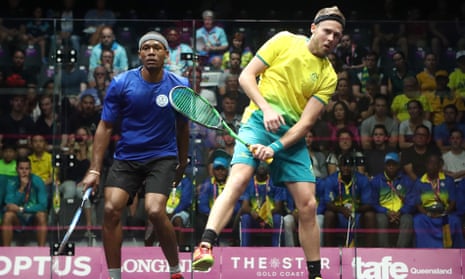 Othniel Bailey of St Vincent and the Grenadines competes with Ryan Cuskelly of Australia during the Squash round of 32 on day one of the Gold Coast 2018 Commonwealth Games.
