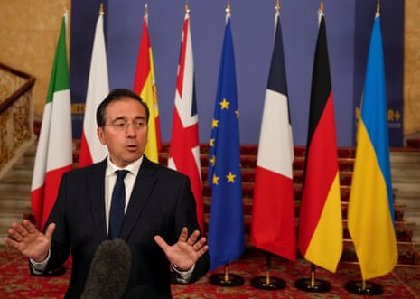 Spain's foreign minister Jose Manuel Albares Bueno speaks to the media as he arrives for talks on Ukraine and the future of European security hosted by Britain's foreign secretary David Lammy at Lancaster House in London.