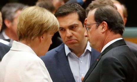 Angela Merkel, Alexis Tsipras and François Hollande talk at the eurozone leaders summit in Brussels.