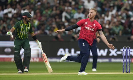 England's Ben Stokes(right) reacts after bowling a delivery.
