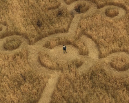 man in the middle of a crop circle
