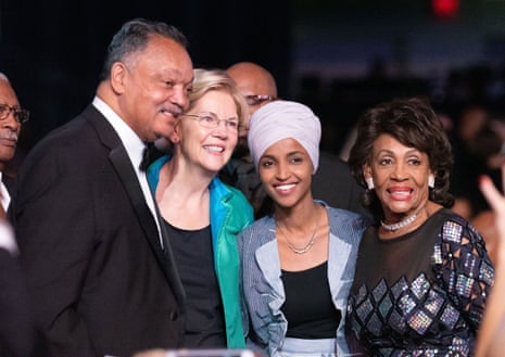 Jesse Jackson, Elizabeth Warren, Ilhan Omar and Maxine Waters at the Phoenix Awards Dinner, CBCF Annual Legislative Conference, in Washington DC in 2019.