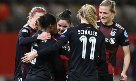 Bayern Munich’s Lineth Beerensteyn (second left) celebrates with teammates after scoring against Rosengard in the Uefa Women’s Champions League quarter-final last Wednesday.