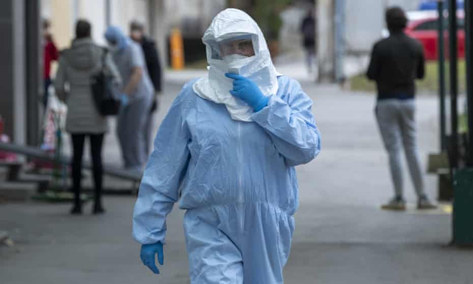 A health worker wears protective suit at the infectious disease clinic in Zagreb, Croatia.