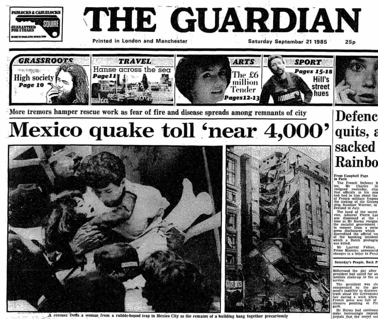 Mexico earthquake story on the front page of the Guardian, 21 September 1985.