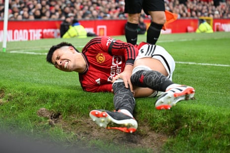 4 February 2024 Lisandro Martínez of Manchester United goes down with an injury against West Ham United at Old Trafford. United won 3-0.