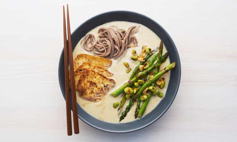 The super bowl: Meera Sodha’s white miso and tofu ramen with chilli garlic asparagus. 