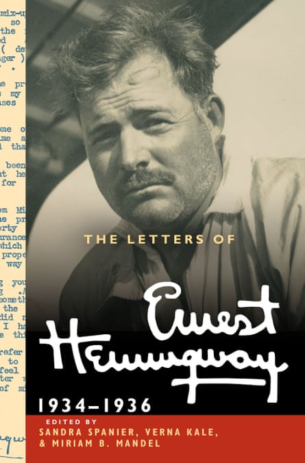 Photo of Ernest Hemingway with a moustache, raising his eyebrows and wearing a shirt, on the cover of a book that reads: The Letters of Ernest Hemingway, 1934-1936