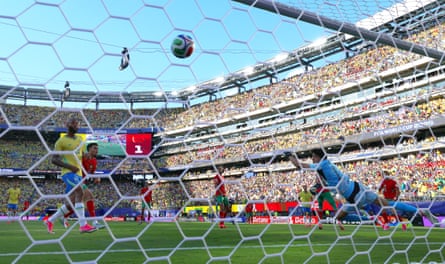 A view from behind the Morocco goal as Vinícius Júnior (not pictured) equalises at the New York/New Jersey Stadium