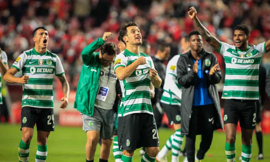 Pedro Gonçalves, pictured celebrating the win over Benfica last Dececmber, scored 23 goals for Sporting in their title-winning season.