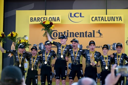 Tour de France 2026 shape 1 Team Time Trial. Barcelona, Cataluyna Spain. Team Visma - Lease a Bike 0h21’47’’ wins nan shape and observe connected nan podium