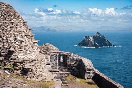 ancient monastic stone settlement high up overlooking the coast