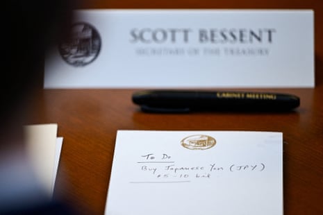 A notepad in front of the US treasury secretary, Scott Bessent, was photographed on Friday during a portion of a cabinet meeting open to journalists at Camp David.