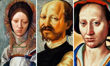 Portraits created by AI in the style of Renaissance painters using Stable Diffusion software.