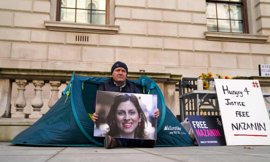 Richard Ratcliffe outside the Foreign Office in London today. The husband of Nazanin Zaghari-Ratcliffe has gone on hunger strike for the second time in two years and intends to sleep in a tent at night following his wife losing her latest appeal in Iran.
