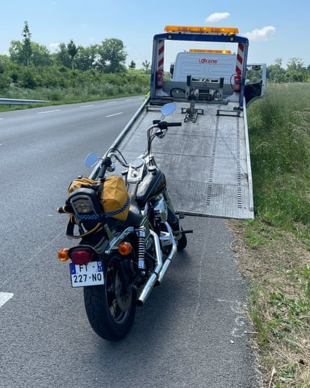 The long journey home … a recovery truck rescues Adam’s bike.