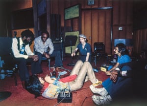 Group Shot 1975Trying out ideas for Station to Station at Cherokee Studios. From left, Dennis Davies, Bobby Womack, David, Roy Bitten from Bruce Springsteen’s band and Ronnie Wood in the foreground.