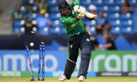 Andy Balbirnie of Ireland is bowled by Shaheen Shah Afridi.