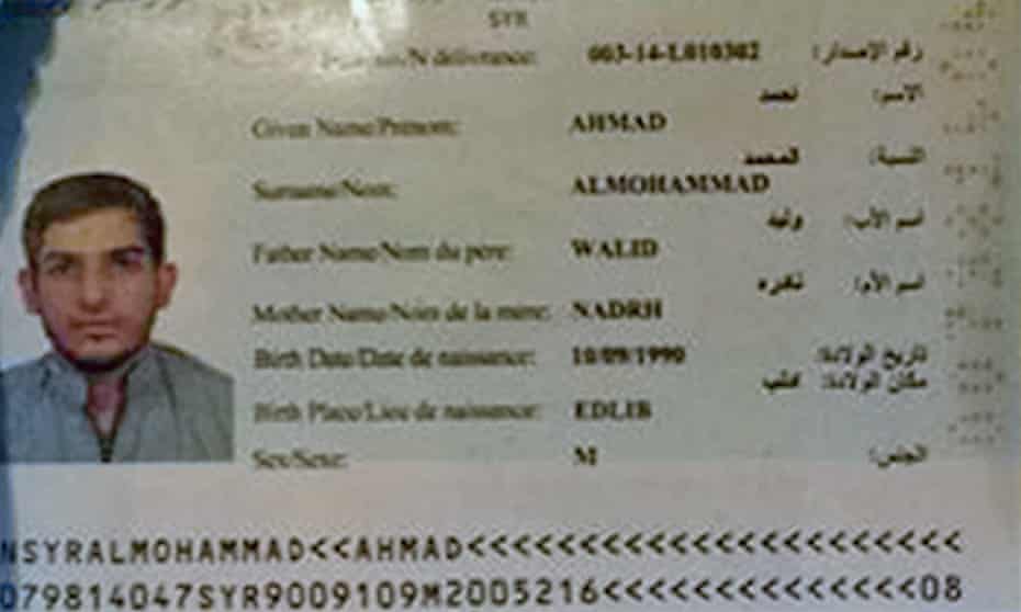 The Syrian passport of Paris bomber Ahmad Almohammad. A man carrying a passport with the same name and details but a different photo has been arrested in Serbia.