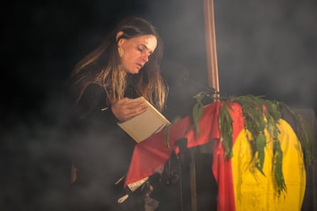 Wurundjeri woman Mandy Nicholson speaks at the Invasion Day Dawn Service in Kings Domain in Melbourne in 2021.